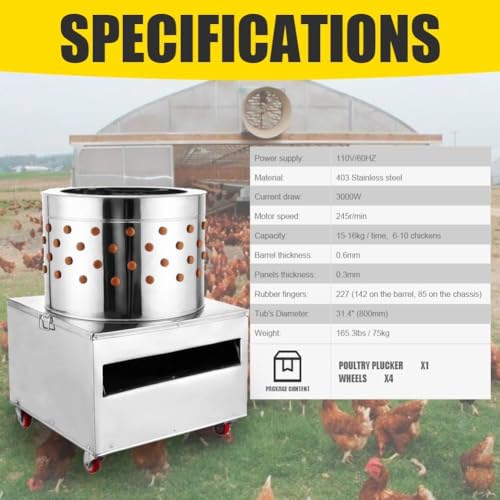 31.4" Stainless Steel Chicken Plucker Machine, 3000W 2HP Poultry De-Feather Remover, 245RPM Turkey Duck Fowl Plucker with Rubber Fingers for Home & Commercial Use - size: 31.4"-3000W
