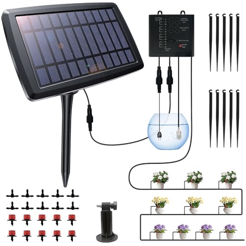 Solar Drip Irrigation System for Garden, Automatic Drip Irrigation Kit with 33FT Tubing, Solar Powered Plant Watering Device for Potted Plants, Vacation, Outdoor No Wiring Needed (10 Pots)
