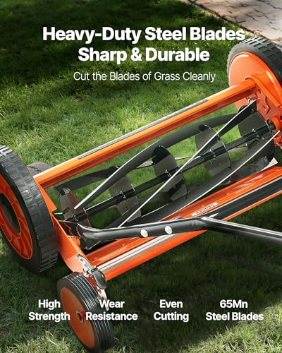 VEVOR Push Reel Lawn Mower 18 inch, 5 Blades Manual Push Mower No Motor, 1.37-2.44 in Adjustable Cutting Height, Walk-Behind Lawn Mowers with Grass Catcher Bag for Green Lawns, Driveways, Courtyards - size: 18 inch