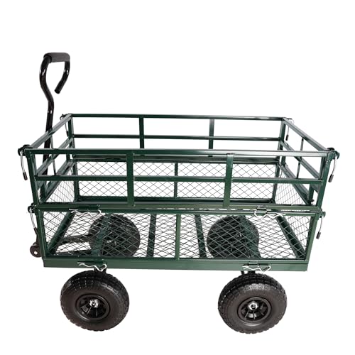 Heavy Duty Utility Wagon, 600lbs Capacity Garden Cart On Wheels, Steel Garden Carts with Removable Mesh Sides, 180° Rotating Handle & 10 Inch Tires for Lawn Mower, Tractor, Garden Waste - color: C-green