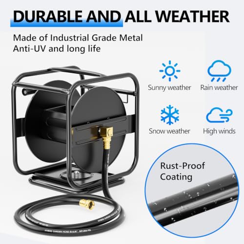 SPECILITE Metal Garden Hose Reel, 360° Rotation Frame, 65-90 FT, Black