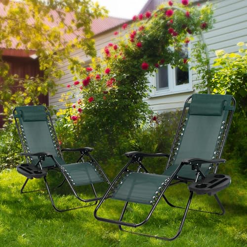 Nazhura Set of 2 Relaxing Recliners Patio Chairs Adjustable Steel Mesh Zero Gravity Lounge Chair Beach Chairs with Pillow and Cup Holder (Dark Green) - color: Dark Green