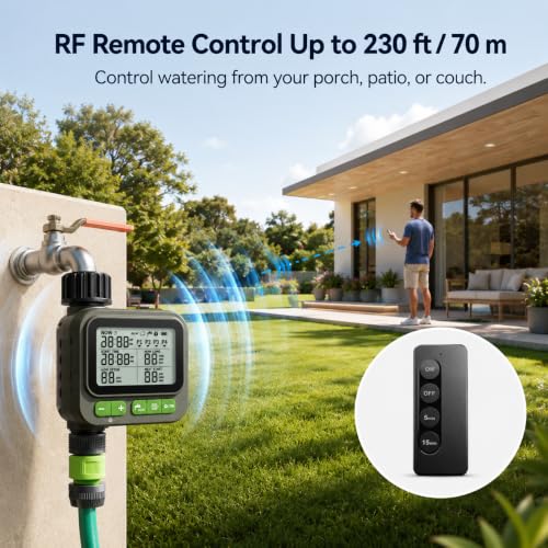 Sprinkler Timer with remote control, Programmable Water Timer for Garden Hose, Outdoor Hose Faucet Timed with 4 Plans/Rain Delay/Automatic Watering controller System, Digital Irrigation for Yard, Lawn