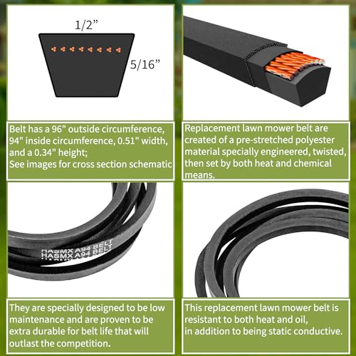 HASMX Replacement Lawn Mower Belt 1/2" x 96" for Huskee LT4200 Troy-Bilt Pony Bronco TB42 TB2246 TB2142, Dayco Part Numbers L496 L-496, SUPCO Part Numbers A94 A-94 (1-Pack) - size: 1/2" x 96"