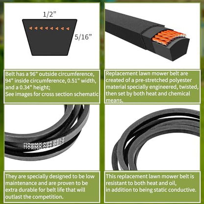 HASMX Replacement Lawn Mower Belt 1/2" x 96" for Huskee LT4200 Troy-Bilt Pony Bronco TB42 TB2246 TB2142, Dayco Part Numbers L496 L-496, SUPCO Part Numbers A94 A-94 (1-Pack) - size: 1/2" x 96"