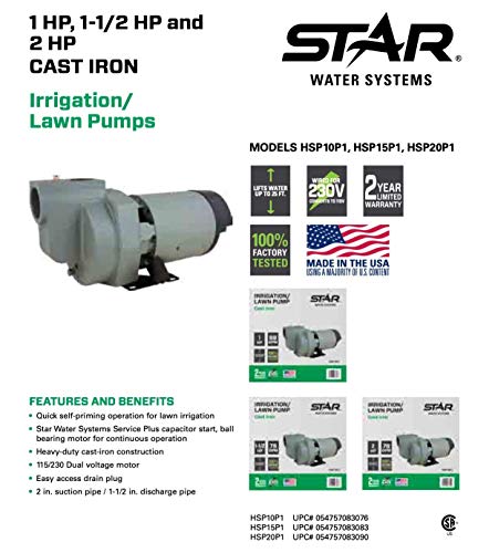 Star Water Systems HSP15P1 1-1/2 HP Self Priming Lawn Sprinkler Irrigation Pump Made with Rugged Cast Iron - size: 1.5 HP