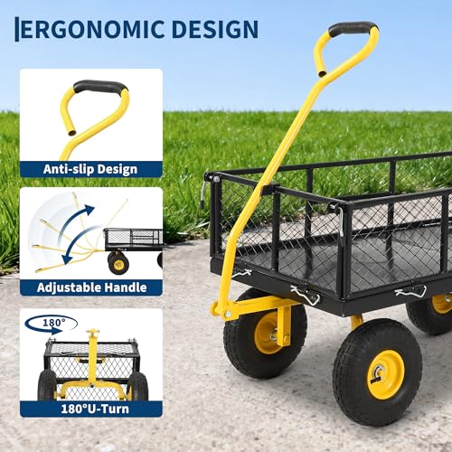 900 Lbs Heavy Duty Steel Garden Cart, Garden Wagon Cart on Wheels, Outdoor Metal Yard Utility Wagon Carts with and Mesh Removable Sides(Convert to Flatbed) and 180°Rotating Handle,Black