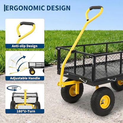 900 Lbs Heavy Duty Steel Garden Cart, Garden Wagon Cart on Wheels, Outdoor Metal Yard Utility Wagon Carts with and Mesh Removable Sides(Convert to Flatbed) and 180°Rotating Handle,Black