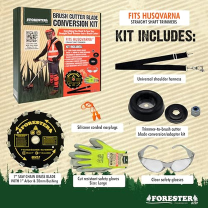 FORESTER Brush Cutter Trimmer Conversion Kit with 7” Brush Cutter Blade, Includes Safety Glasses, Earplugs, Gloves, Harness, Compatible with Husqvarna Models 325 LX, 325 LXT, 322 L, 525 L, 525 LS - size: 7" (14 Tooth), style: Husqvarna Conversion Kit