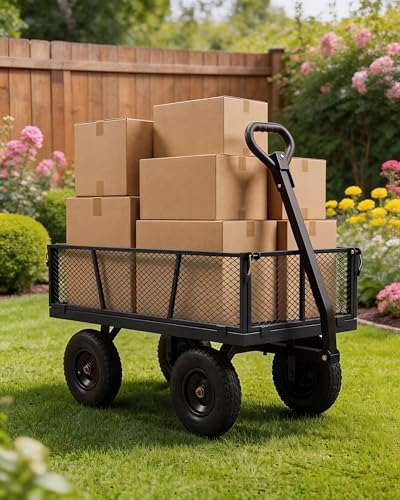 GarveeTech 1200LBS Heavy Duty Steel Garden Cart, Garden Wagon Cart on Wheels, Metal Yard Utility Wagon with Removable Mesh Sides, 13" All Terrain Tires, 180° Rotating Handle for Lawn, Garden, Farm - color: Black