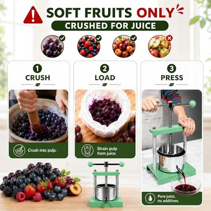 Manual Fruit & Cheese Press with Stainless Steel Basket - color: Green, size: 0.53 Gallon