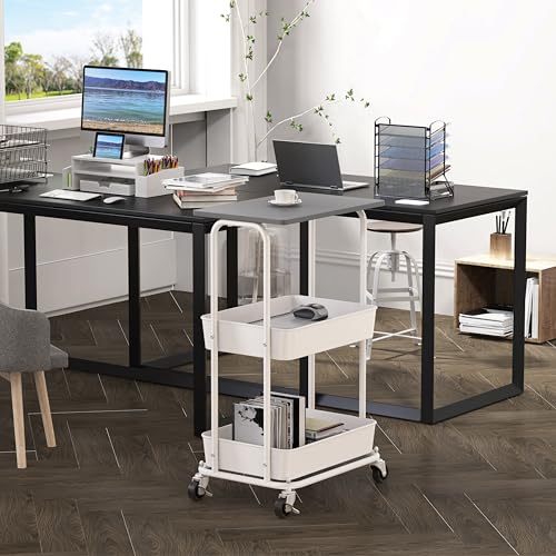 Simple Houseware 2-Tier Rolling Utility Cart Wood Top/Lockable Wheel, Gray - color: Grey