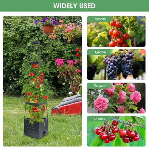 MQUPIN Tomato Planter Box with Trellis for Garden, 57 Inch Self-Watering Raised Garden Bed, Patio Tomato Cage for Climbing Vegetables & Flowers, Upgraded Tomato Pot for Indoor Outdoor Use (4 Pack)