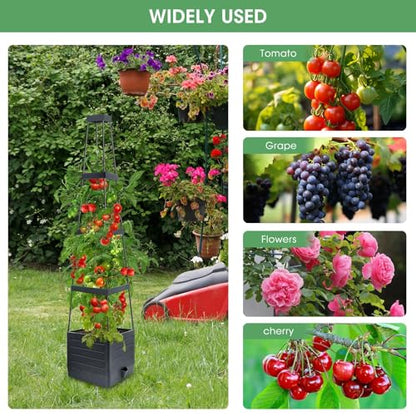 MQUPIN Tomato Planter Box with Trellis for Garden, 57 Inch Self-Watering Raised Garden Bed, Patio Tomato Cage for Climbing Vegetables & Flowers, Upgraded Tomato Pot for Indoor Outdoor Use (4 Pack)