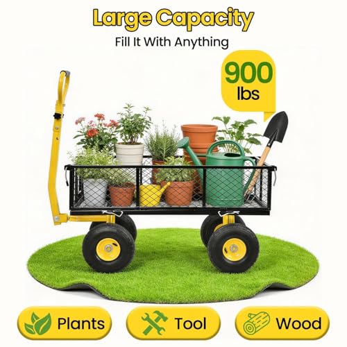 Garden Cart Steel Heavy Duty, 900LBS Capacity, Pullable Metal Yard Lawn Cart with 10 inch Wheels and Handle, Attach to ATV Or Tractor for Gardening Soil Tools Plant Transport, Black