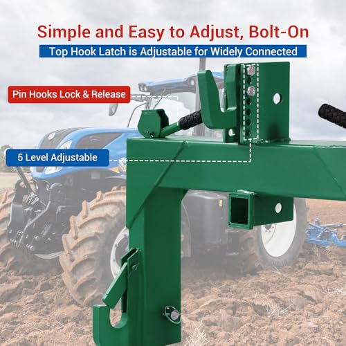 Heavy-Duty Category 1 3-Point Quick Hitch, 3000 LBS Lift Capacity Tractor Implement Adapter for Category 1 & 2 Tractors with Adjustable Top Hook, Green