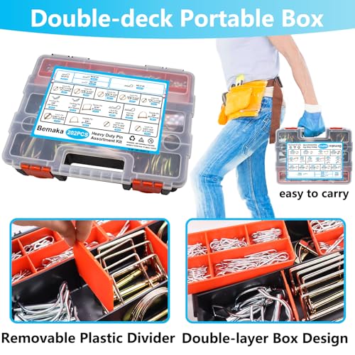 202Pcs Hitch Pins Clip Pins Assortment Kit, Heavy Duty Hitch Pins R Clip, Linch Pins, PTO Pins Trailer Truck Towing Tractor Accessories Three-Point Accessories for Lawn Garden Farm Equipment