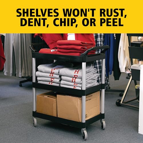 Rubbermaid Commercial Products Heavy Duty 3-Shelf Rolling Service/Utility/Push Cart, 200 lbs. Capacity, Black, for Foodservice/Restaurant/Cleaning/Warehouse/Garage - color: Black