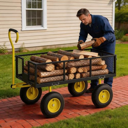 Steel Garden Cart 900 Lbs Heavy Duty Garden Wagon Cart on Wheels - color: Black Yellow, size: 900LBS