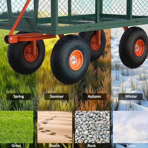 500 LBS Steel Garden Cart, Garden Wagon Cart Pullable on Wheels, Yard Utility Wagon Carts with 10 in Wheels, Removable Sides & 180° Rotating Handle for Lawn, Farm, Warehouse, Outdoor Use - color: 500 Lbs Green & Orange