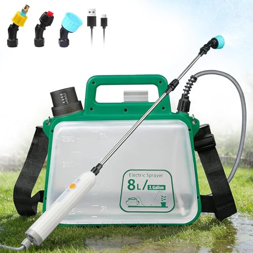 SunSettler 2 Gallon Electric Weed Sprayer with Telescopic Wand | 3 adjustable nozzles, collapsible tank, shoulder strap. Ideal for lawn care, watering, cleaning - size: 8L
