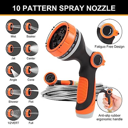 Metal Garden Hose 25ft Copper Bullet, Heavy Duty Stainless Steel Water Hose with 10 Function Sprayer Nozzle, Leaf-Proof Kink Free Lightweight for Outdoor,Yard,Lawn,Patio, Car - size: 25ft