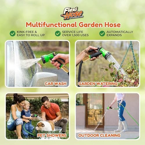Flexi Hose with 8 Function Nozzle, 100FT - Lightweight Expandable Garden Hose, No-Kink Flexibility, 3/4 Inch Solid Brass Fittings and Double Latex Core - size: 100ft