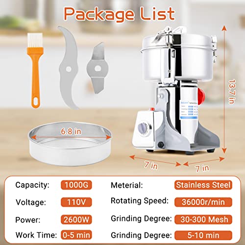 Electric Grain Mill 1000g High-speed Grain Spice Herb Grinder 2600W Dry Grinder Machine 304 Stainless Steel Superfine powder High-speed Grain Mill 36000r/min for Kitchen Home and Commercial - size: 1000G