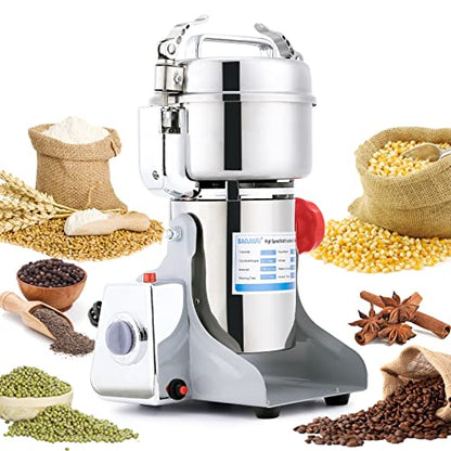 Electric Grain Mill Grinder 800g High-speed Grain Spice Herb 1800W Dry Grinding Machine 304 Stainless Steel Superfine powder High-speed Grain Mill 36000r/min for Kitchen Home and Commercial - size: 800G