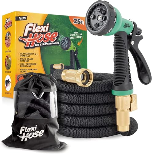 Flexi Hose Plus Expandable Garden Hose with 8 Function Nozzle, 25FT - Lightweight Retractable Garden Hose, Water Hose - No-Kink Flexibility, 3/4 Inch Solid Brass Fittings Includes Hook & Bag - size: 25ft