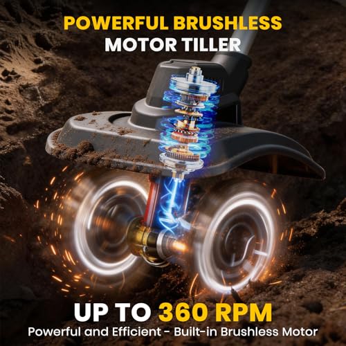 Cordless Tiller Cultivator Compatible with Dewalt 20V Battery(Tool Only), 9-Inch Tilling Width, 6.6-Inch Depth 360RPM Electric Brushless Tiller Garden Rototiller for Lawn/Gardening/Soil Cultivation
