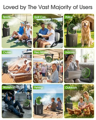 Ausic 2026 Upgraded 10″ 9L Oscillating Portable Misting Fan With Light, [Max 55Hrs] Golf Cart Mister Fan for Outside Patios, Outdoor Rechargeable Battery Operated Water Cool Fan-3 Spray Misters - color: Green