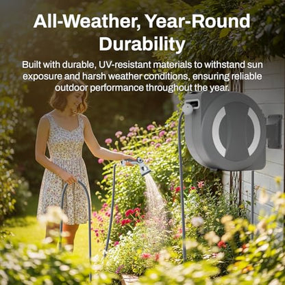 Betta EaseReel Battery-Powered Wall-Mounted Retractable Hose Reel, with Quick-Access Dual Hose Length Control, 8 Spray Patterns Nozzle, Automatic Roll-Up & Tangle-Free Hose Guide (1/2'', 78FT/23m) - size: 1/2'' - 78FT (23m)