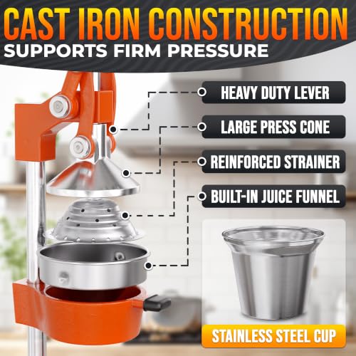 Cast Iron Juicer Hand Press, Heavy-Duty Squeezer (Orange) - color: Orange