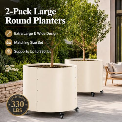 2 Pack Rolling Planter for Tree,30 Gallon Large Metal Tree Pots for Outdoor - color: White