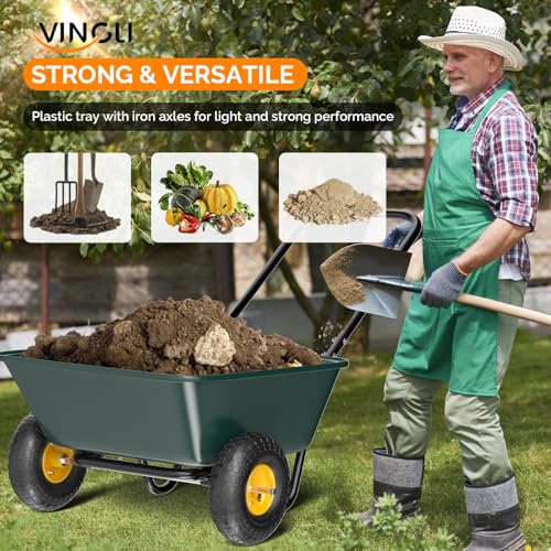 VINGLI 2륜 수레, 플라스틱 및 스틸 휠 배럴, 149.7kg(330파운드) 용량 정원 카트 잔디, 원예, 건설용 - color: 초록색.