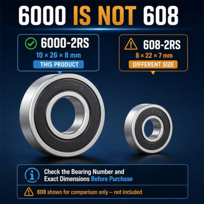 Jingzan 10 Pack 6000-2RS Deep Groove Ball Bearings, 10mm ID x 26mm OD x 8mm Width, Double Rubber Sealed, Pre-Lubricated Bearing Steel Bearings, P0 C0