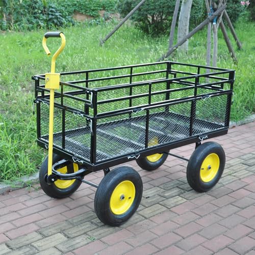 Heavy-Duty Iron Garden Cart Wagon with 1100 lbs Capacity, 15 inch Pneumatic Tires for Firewood, Debris & Outdoor Tasks - 55" L x 24" W x 46.8" H,Yellow & Black - size: 1100 LBS