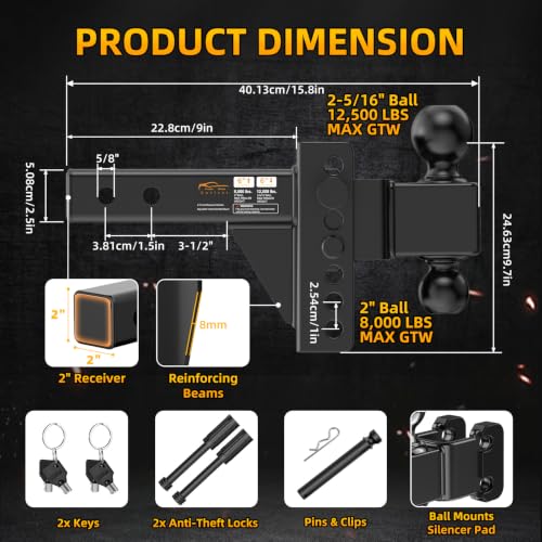 Adjustable Trailer Hitch -Drop Hitch Fits 2" Receiver, 6" Rise/Drop
