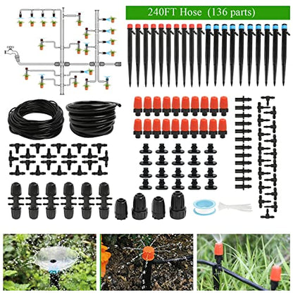 Maotong 240FT Drip Irrigation System Kit, Automatic Garden Watering Misting System for Greenhouse, Yard, Lawn, Plant with 1/2 inch Hose 1/4 inch Distribution Tubing and Accessories - size: 240 FT (40FT Main tube+200FT Distribution tube)