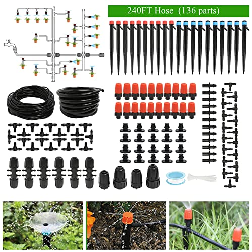 Maotong 240FT Drip Irrigation System Kit, Automatic Garden Watering Misting System for Greenhouse, Yard, Lawn, Plant with 1/2 inch Hose 1/4 inch Distribution Tubing and Accessories - size: 240 FT (40FT Main tube+200FT Distribution tube)