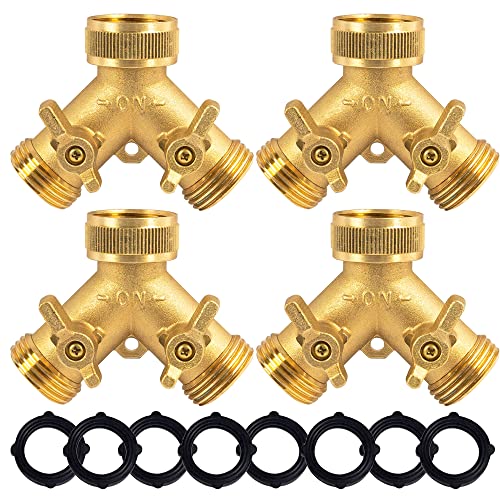 Hourleey Brass Garden Hose Splitter (2 Way), Solid Brass Hose Y Splitter 2 Valves with 2 Extra Rubber Washers (4 Pack) - size: 4 Pack - 2 Way