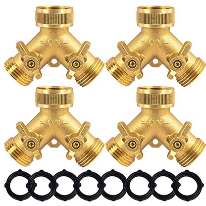 Hourleey Brass Garden Hose Splitter (2 Way), Solid Brass Hose Y Splitter 2 Valves with 2 Extra Rubber Washers (4 Pack) - size: 4 Pack - 2 Way