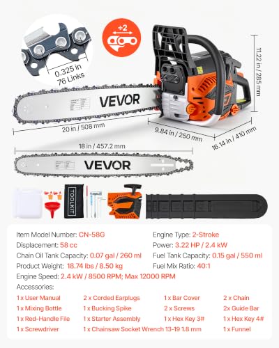 VEVOR Gas Powered Chainsaw 18 & 20 Inch 58CC 3.22HP 2 Stroke Engine Saw - size: 58CC-18&20inch