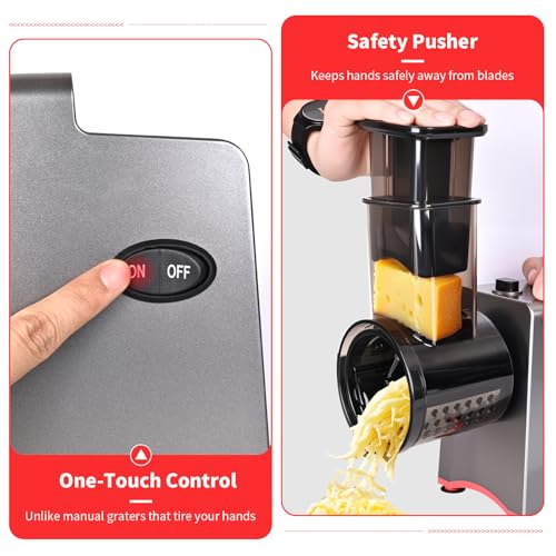 Electric Cheese Grater 250W, 7-in-1 Salad Maker & Vegetable Slicer Shredder with Widened Feeding Port for Block Cheese, Carrots, Potatoes & Fruits, Professional Food Grating Machine