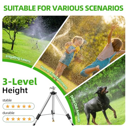 SPECILITE Brass Impact Tripod Sprinkler for Yard, Waters up to 70ft, 2 Pack | Heavy Duty Metal Telescoping, Pulsating, 360° Rotation, Sprays Up to 70ft, Covers 5660sqft, Stable & Durable, Easy Setup - color: Silver, 2-Pack