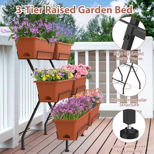 3-Tier Vertical Garden Planter with 6 Boxes, 31" Tall Raised Garden Bed - color: Brick Red, size: 3-Tier
