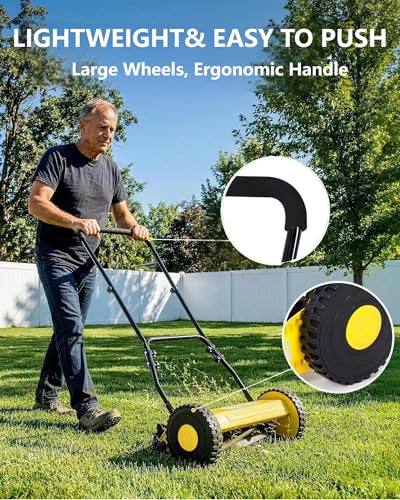 14-Inch Hand Push Reel Lawn Mower, 5-Blade Manual Push Lawnmower