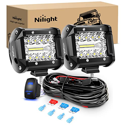 Nilight 2PC 4Inch Triple Row Lights 60W Flood Spot Combo 6000LM Bar Driving Boat Led Off Road Trucks with 12V On/Off 5 Pin Rocker Switch Power 16AWG Wiring Harness Kit-2 Leads - color: Led Pods +Wiring Harness