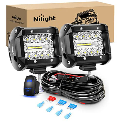 Nilight 2PC 4Inch Triple Row Lights 60W Flood Spot Combo 6000LM Bar Driving Boat Led Off Road Trucks with 12V On/Off 5 Pin Rocker Switch Power 16AWG Wiring Harness Kit-2 Leads - color: Led Pods +Wiring Harness